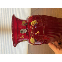 VTG FENTON Ruby Red Berries & Leaves HAND PAINTED Art Glass Vase 9.5"H SIGNED
