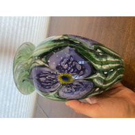 VTG 1998 ROBERT EICKHOLT Green & Purple Flower Art Glass Vase 8.75"H SIGNED
