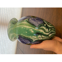 VTG 1998 ROBERT EICKHOLT Green & Purple Flower Art Glass Vase 8.75"H SIGNED