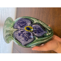 VTG 1998 ROBERT EICKHOLT Green & Purple Flower Art Glass Vase 8.75"H SIGNED