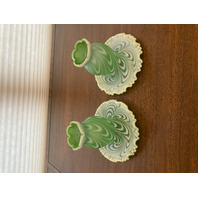 RARE VTG FENTON Green Opalescent Satin SWIRLED FEATHER Fairy Lamps PAIR 5.75"H