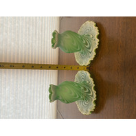 RARE VTG FENTON Green Opalescent Satin SWIRLED FEATHER Fairy Lamps PAIR 5.75"H