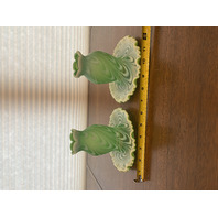 RARE VTG FENTON Green Opalescent Satin SWIRLED FEATHER Fairy Lamps PAIR 5.75"H