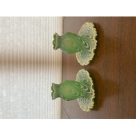 RARE VTG FENTON Green Opalescent Satin SWIRLED FEATHER Fairy Lamps PAIR 5.75"H