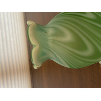 RARE VTG FENTON Green Opalescent Satin SWIRLED FEATHER Fairy Lamps PAIR 5.75"H