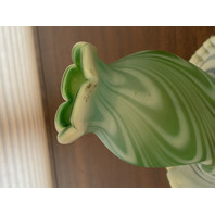 RARE VTG FENTON Green Opalescent Satin SWIRLED FEATHER Fairy Lamps PAIR 5.75"H