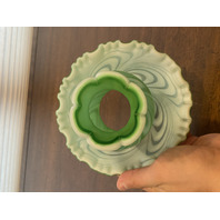 RARE VTG FENTON Green Opalescent Satin SWIRLED FEATHER Fairy Lamps PAIR 5.75"H