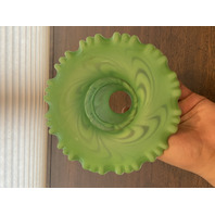 RARE VTG FENTON Green Opalescent Satin SWIRLED FEATHER Fairy Lamps PAIR 5.75"H