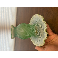 RARE VTG FENTON Green Opalescent Satin SWIRLED FEATHER Fairy Lamps PAIR 5.75"H