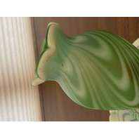 RARE VTG FENTON Green Opalescent Satin SWIRLED FEATHER Fairy Lamps PAIR 5.75"H