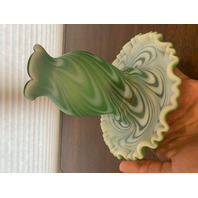 RARE VTG FENTON Green Opalescent Satin SWIRLED FEATHER Fairy Lamps PAIR 5.75"H