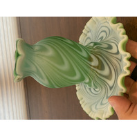 RARE VTG FENTON Green Opalescent Satin SWIRLED FEATHER Fairy Lamps PAIR 5.75"H