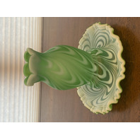 RARE VTG FENTON Green Opalescent Satin SWIRLED FEATHER Fairy Lamps PAIR 5.75"H