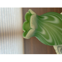 RARE VTG FENTON Green Opalescent Satin SWIRLED FEATHER Fairy Lamps PAIR 5.75"H