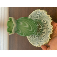 RARE VTG FENTON Green Opalescent Satin SWIRLED FEATHER Fairy Lamps PAIR 5.75"H