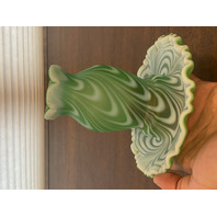 RARE VTG FENTON Green Opalescent Satin SWIRLED FEATHER Fairy Lamps PAIR 5.75"H