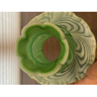 RARE VTG FENTON Green Opalescent Satin SWIRLED FEATHER Fairy Lamps PAIR 5.75"H