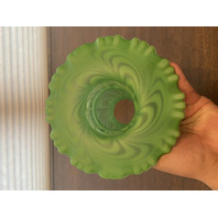 RARE VTG FENTON Green Opalescent Satin SWIRLED FEATHER Fairy Lamps PAIR 5.75"H