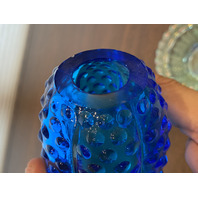 VTG FENTON Blue Top/Iridescent Base Glass Hobnail Fairy Lamp Candle Holder 4.25"