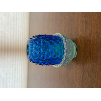 VTG FENTON Blue Top/Iridescent Base Glass Hobnail Fairy Lamp Candle Holder 4.25"