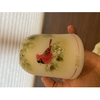 2009 FENTON Yellow Satin CARDINAL IN WINTER Fairy Lamp Candle Holder 5.5"H