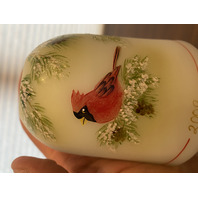 2009 FENTON Yellow Satin CARDINAL IN WINTER Fairy Lamp Candle Holder 5.5"H