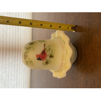 2009 FENTON Yellow Satin CARDINAL IN WINTER Fairy Lamp Candle Holder 5.5"H