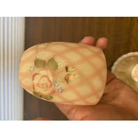 VTG UV REACTIVE Fenton Burmese DIAMOND OPTIC Floral PAINTED Fairy Lamp 4.5"H