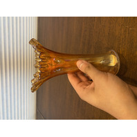VTG Marigold Iridescent Glass Ruffled Rim Swung Vase 7.75"H