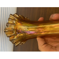 VTG Marigold Iridescent Glass Ruffled Rim Swung Vase 7.75"H