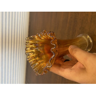 VTG Marigold Iridescent Glass Ruffled Rim Swung Vase 7.75"H
