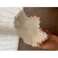 VTG FENTON Milk Glass Silver Crest Ruffled Rim Bowl 12"W