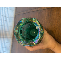 VTG FENTON Emerald Green Iridescent HAND PAINTED Floral Glass Vase 8.25"H SIGNED