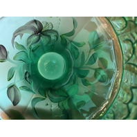 VTG FENTON Emerald Green Iridescent HAND PAINTED Floral Glass Vase 8.25"H SIGNED