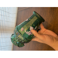 VTG FENTON Emerald Green Iridescent HAND PAINTED Floral Glass Vase 8.25"H SIGNED