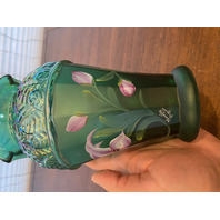 VTG FENTON Emerald Green Iridescent HAND PAINTED Floral Glass Vase 8.25"H SIGNED