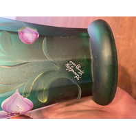 VTG FENTON Emerald Green Iridescent HAND PAINTED Floral Glass Vase 8.25"H SIGNED
