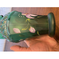 VTG FENTON Emerald Green Iridescent HAND PAINTED Floral Glass Vase 8.25"H SIGNED