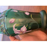 VTG FENTON Emerald Green Iridescent HAND PAINTED Floral Glass Vase 8.25"H SIGNED