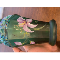 VTG FENTON Emerald Green Iridescent HAND PAINTED Floral Glass Vase 8.25"H SIGNED