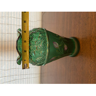 VTG FENTON Emerald Green Iridescent HAND PAINTED Floral Glass Vase 8.25"H SIGNED