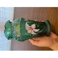 VTG FENTON Emerald Green Iridescent HAND PAINTED Floral Glass Vase 8.25"H SIGNED