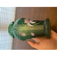 VTG FENTON Emerald Green Iridescent HAND PAINTED Floral Glass Vase 8.25"H SIGNED