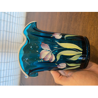 VTG FENTON Aqua White Rim 2003 HEIRLOOM OPTICS COLLECTION Floral Vase SIGNED 6"H