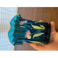 VTG FENTON Aqua White Rim 2003 HEIRLOOM OPTICS COLLECTION Floral Vase SIGNED 6"H