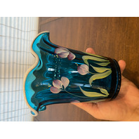 VTG FENTON Aqua White Rim 2003 HEIRLOOM OPTICS COLLECTION Floral Vase SIGNED 6"H