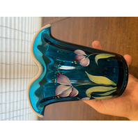 VTG FENTON Aqua White Rim 2003 HEIRLOOM OPTICS COLLECTION Floral Vase SIGNED 6"H