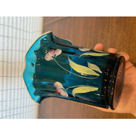 VTG FENTON Aqua White Rim 2003 HEIRLOOM OPTICS COLLECTION Floral Vase SIGNED 6"H