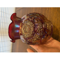 VTG Imperial Glass Red Iridescent Floral CHRYSANTHEMUM Carnival Glass Vase 6"H