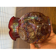 VTG Imperial Glass Red Iridescent Floral CHRYSANTHEMUM Carnival Glass Vase 6"H